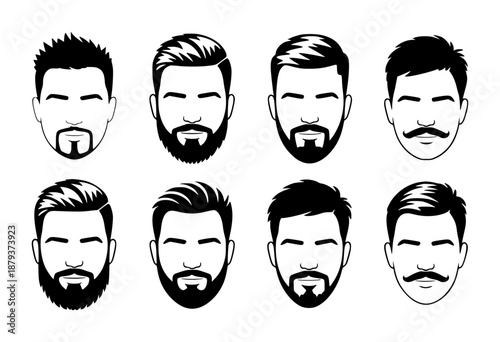 Set of black and white of men's hairstyles and facial hair styles male face