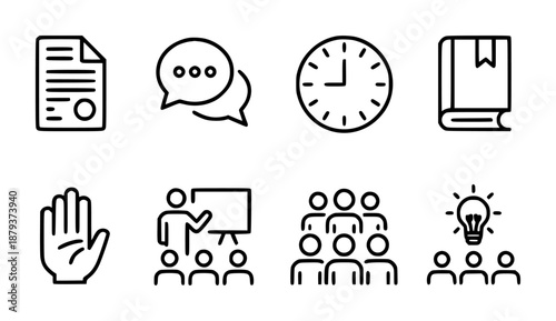 Set of black outline representing document speech bubble clock book hand presentation and group of people with lightbulb