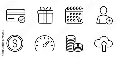 Set of black outline representing financial and business concepts including credit card gift calendar user and cloud upload