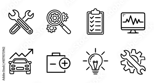 Set of black outline representing tools technology and business concepts wrench gear