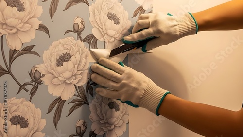 Close-up of hands in work gloves carefully trimming floral wallpaper during home renovation.