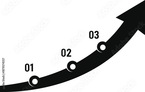 Silhouette of a curved arrow with labeled points in a growth pattern