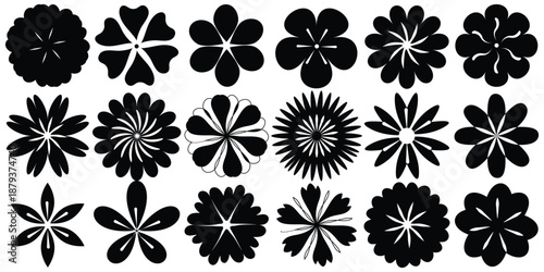Black Daisy Chamomile silhouette icon set line. Simple different shape. Cute flower collection. Love card symbol. Growing concept. Flat design. Isolated. White background. Vector eps 10