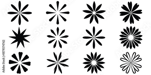 Black Daisy Chamomile silhouette icon set line. Simple different shape. Cute flower collection. Love card symbol. Growing concept. Flat design. Isolated. White background. Vector eps 10
