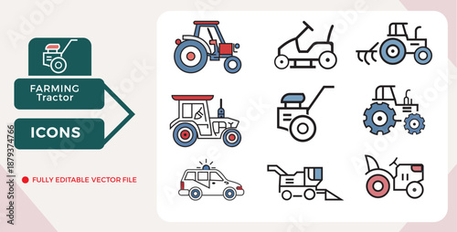 Farming Tractor Icon vector, Illustrative farming tractor icons, and agricultural machinery vector art displayed neatly