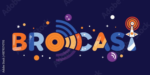 A vibrant broadcast logo featuring rounded letters and a rocket, symbolizing innovative communication and media technology.
