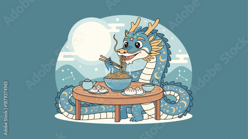 cute lunar dragon eat noodle on the table with style flat cartoon vector illustration