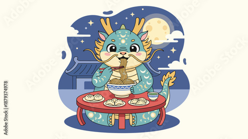 cute lunar dragon eat noodle on the table with style flat cartoon vector illustration