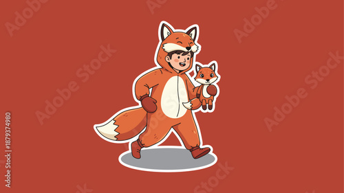 Kid in costume of little fox in masquerade foxy suit boy carries fox isolated vector illustration on white background