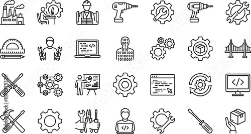 Industrial manufacturing and engineering outline icon set featuring tools machinery factory automation coding maintenance logistics production workflow symbols