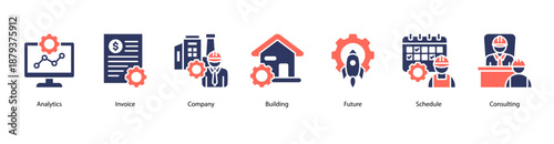 Business Analytics web banner icon vector illustration featuring Analytics, Invoice, Company, Building, Future, Schedule, and Consulting.