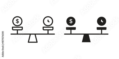 Time and money compare scale icons for web design set in black stroke and solid style. EPS10
