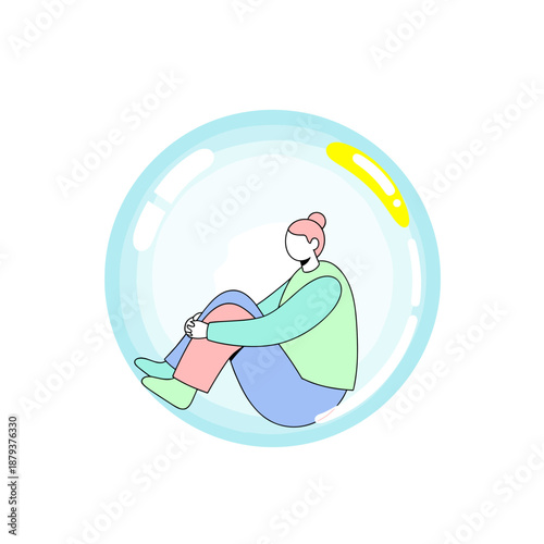 Person sitting in bubble illustrating feelings of isolation and loneliness