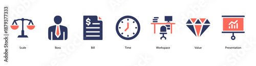 Business Leadership web banner icon vector illustration featuring Scale, Boss, Bill, Time, Workspace, Value, and Presentation to represent authority and organizational management.