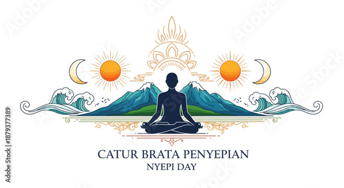 Illustrative depiction of Nyepi Day, celebrating the Balinese New Year with meditation and tranquility amidst symbolic natural elements