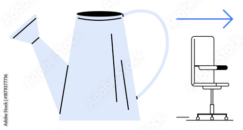 Growth, change, productivity, modern workspace, sustainability, innovation. Minimalist watering can, office chair and directional arrow. Growth and productivity with symbolic items