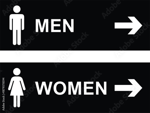 Directional restroom signs with men and women text and arrow pointers for public facility wayfinding and facility management.