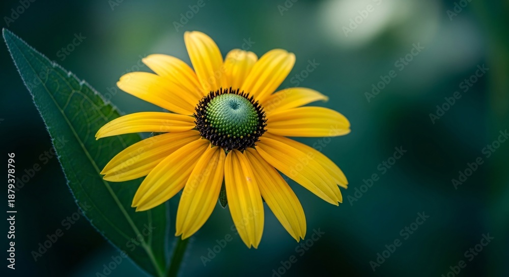 Obraz premium Close-up of a vibrant yellow flower with green center and lush green leaves in natural outdoor setting for gardening nature and floral design projects