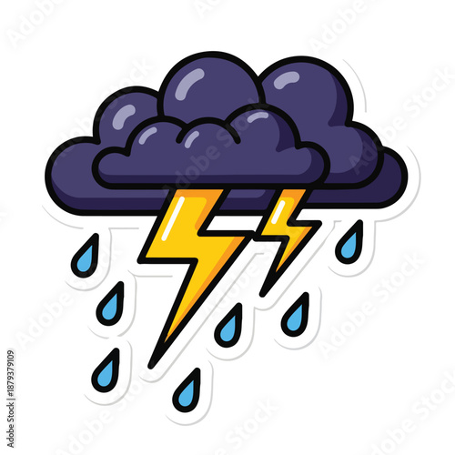 A cartoon of a storm cloud with lightning and raindrops
