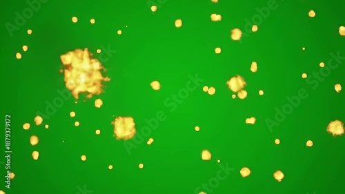 Scattered Fiery Explosions and Embers Ascending Against a Vibrant Green Screen Background Seamlessly Animated for Visual Effects and Motion Graphics