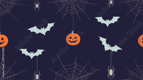 Playful Halloween seamless pattern featuring pixel art jack-o'-lanterns, bats, spiders, and webs on a dark navy blue background.
