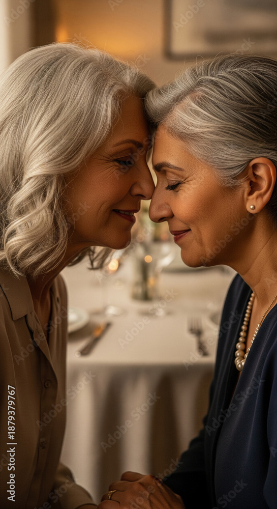 Fototapeta premium Close up side view of romantic senior lesbian couple touching foreheads with closed eyes during dinner date at restaurant