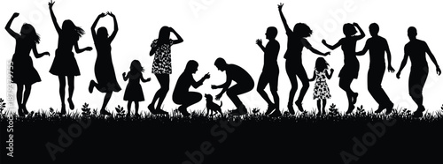 Black silhouette of happy family and diverse people dancing, playing with dog, and jumping in a park meadow with grass.