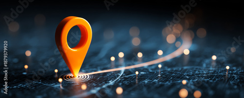 Wallpaper Mural Orange location pin marker on digital map with white lines and dots representing navigation routes and data points Torontodigital.ca