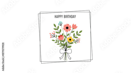 Minimalist Happy Birthday greeting card featuring a charming bouquet of colorful flowers tied with a ribbon inside a simple dashed frame.
