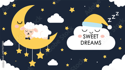 Adorable 'Sweet Dreams' nursery illustration with a cute sheep sleeping on a crescent moon and a dreaming cloud in a starry night sky.