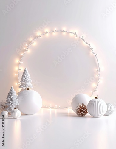 Minimalist Christmas Decoration with Lights and White Ornaments.