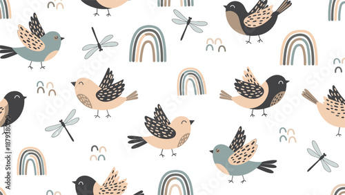 Whimsical seamless pattern for kids featuring cute flying birds, dragonflies, and minimalist rainbows in a soft, earthy color palette.