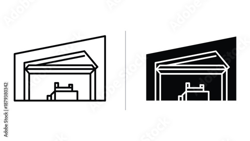 Simple line art illustration of a garage with a car inside