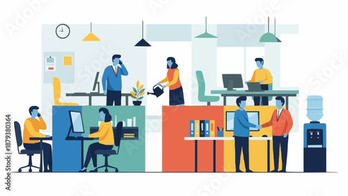 Diverse team working together in a modern open plan office environment.