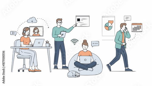 Diverse people working remotely using technology and communication tools.