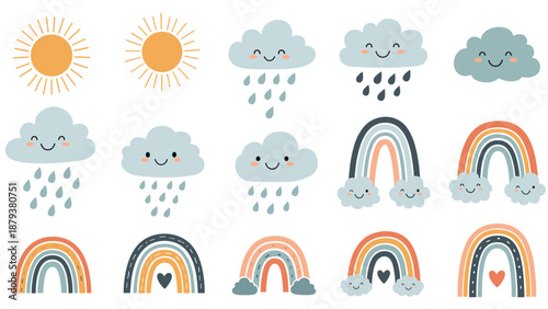 Adorable collection of cute weather clip art featuring kawaii suns, smiling rain clouds, and happy rainbows in a boho color palette.