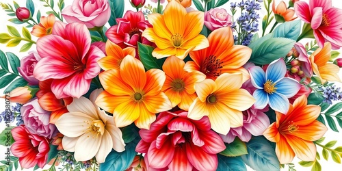 Vibrant watercolor floral bouquet, lush blooms & foliage,  art,  colorful