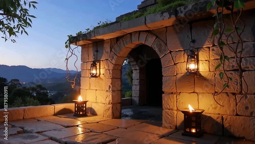 Warmly lit stone archway with lanterns at dusk overlooking serene mountain landscape, perfect for peaceful getaway ambiance.