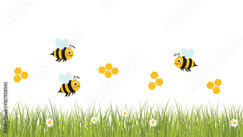 Charming summer scene with cute cartoon bees and honeycombs flying above a vibrant green grass and daisy border on a white background.
