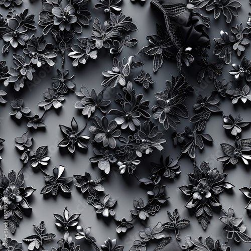 Monochrome Floral Lace Pattern, Seamless Vector Design in Black and Gray