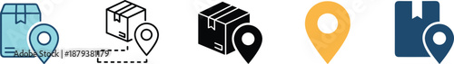 Package delivery and logistics icon set with shipping boxes map pins and tracking routes for e-commerce supply chain