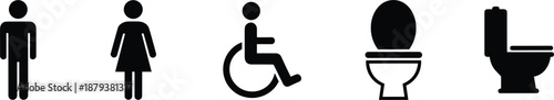 Restroom icon set featuring solid black silhouettes for male female and wheelchair accessibility with toilet bowl and plumbing symbols.