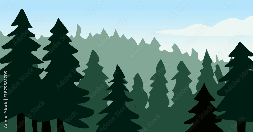 Fototapeta premium Pine Forest in Flat Style for Natural Woodland Illustration