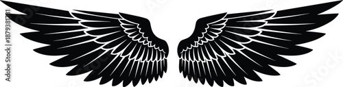 Black Vector Silhouette of Wide Spreading Eagle or Angel Wings Featuring Intricate Feather Details for Tattoo Design Freedom Power and Mythological Concept