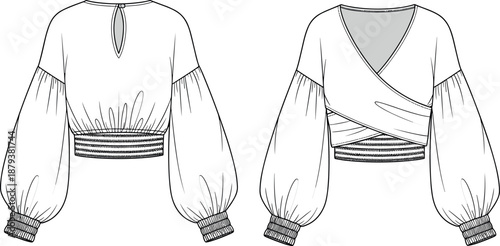 Women's Chic Wrap Blouse Technical Fashion Flat Sketch with Voluminous Balloon Sleeves, Shirred Elastic Waistband and Cuffs, Vector Apparel Illustration.