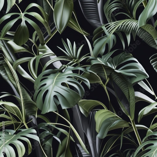 Exotic Green Leaves, Dark Tropical Foliage, Botanical Pattern, Nature Background