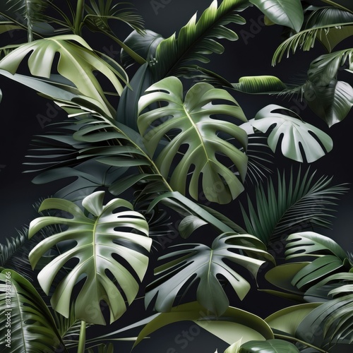 Lush Tropical Foliage, Green Leaves on Dark Background, Botanical Pattern, Jungle Theme