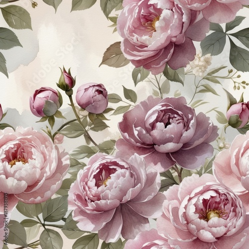 Watercolor Pink Peonies and Green Leaves - Floral Seamless Pattern Background
