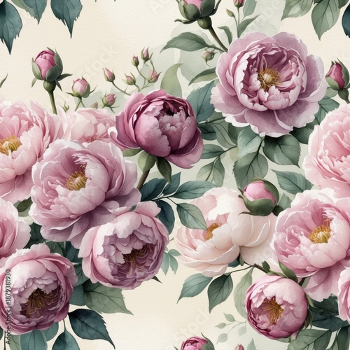 Watercolor Pink Peonies and Green Leaves - Floral Seamless Pattern Background