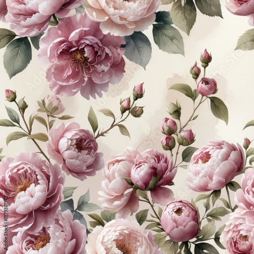Watercolor Pink Peonies and Green Leaves - Floral Seamless Pattern Background